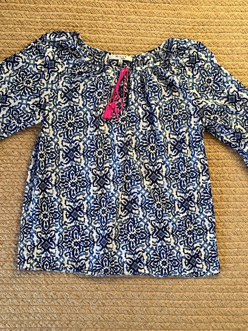 Milly Blue and White Printed Peasant Blouse with Pink Tassel - Picture 9 of 15